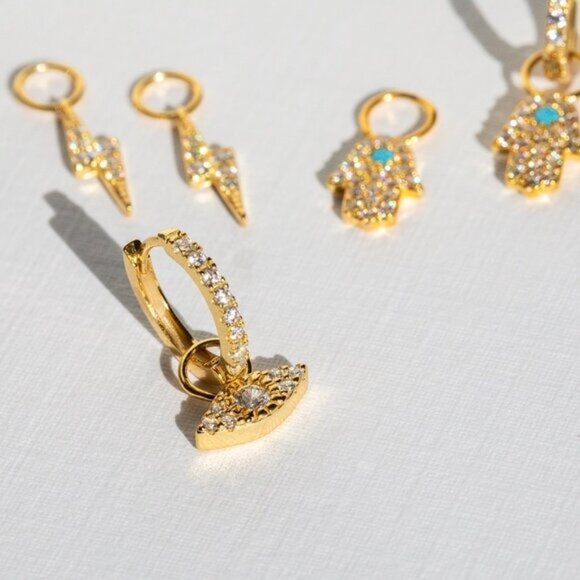 YOU PICK!  Gold Pave Huggies + you pick charm Bolt, Hamsa Hand or Evil Eye - Picture 9 of 14